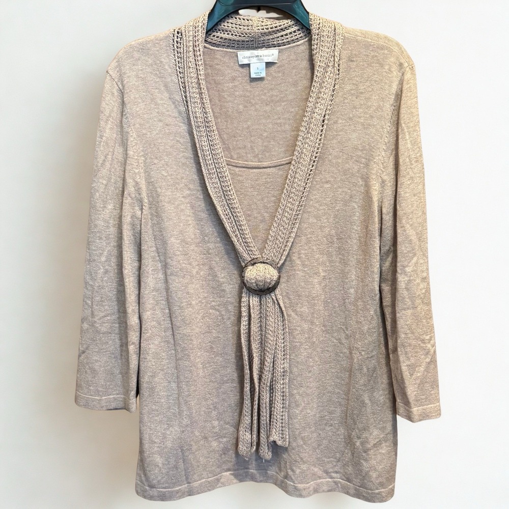 Knit Accent Sweater Top Beige Coastal Grandma Boho Tassel Trim Minimalist Chic S